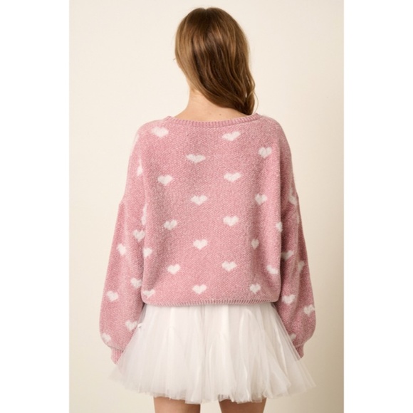 SOLD OUT Pink Blush Heart Print Valentines Day Knit Chinchilla Knit Sweater - Picture 5 of 6